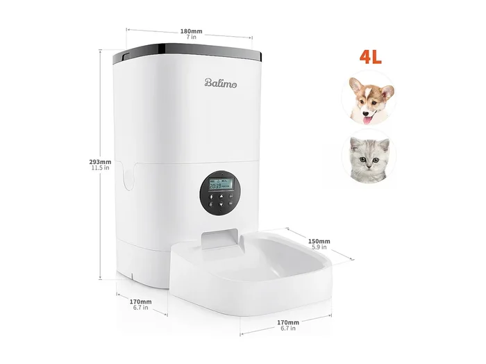 Balimo 4LDistribuidor Croquetas Gatos/Perros,con Adaptador de Corriente/Batería Comedero con Pantalla LCD,Grabación de Voz 10S, temporizador,Blanco