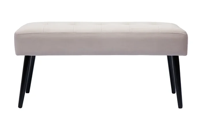 Banco de diseño capitoné de terciopelo color topo y metal negro 95 cm GUESTA
