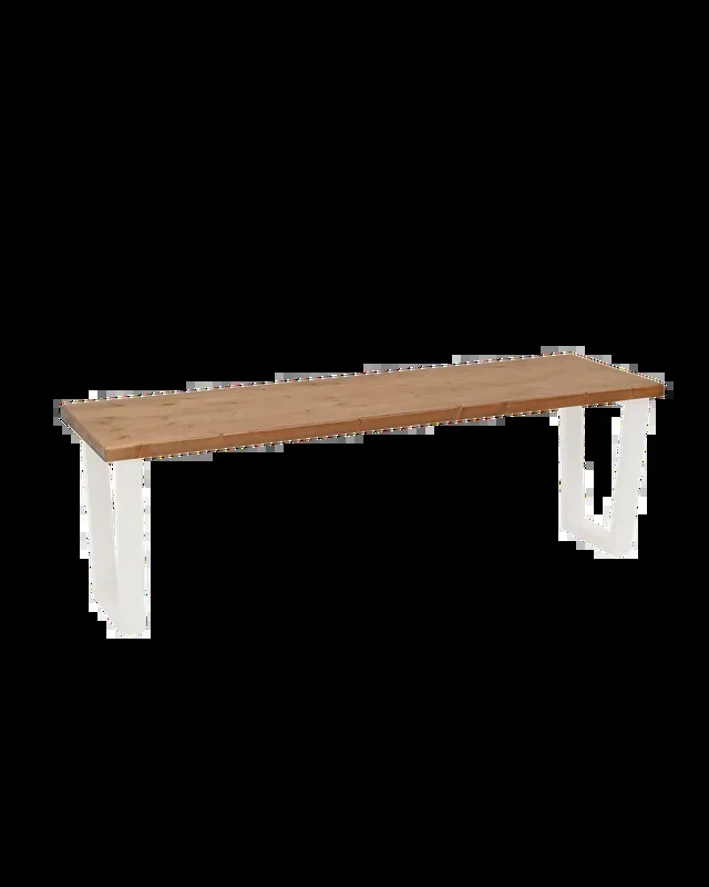 Banco de madera maciza acabado roble oscuro con patas de hierro blancas de 180cm – DECOWOOD
