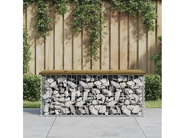 Banco jardín diseño gaviones madera pino impregnada 103x44x42cm