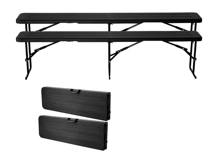 Banco Plegable SucceBuy, Portátil de Plástico, 182,5 Cm, Banco de Camping, con 2 Bolsas de Transporte, para Fútbol, Camping, Jardín, Negro, 2 Piezas
