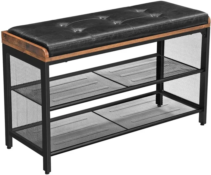Banco zapatero Banco tapizado con estantes de malla Almacenamiento de zapatos Pasillo Entrada Ahorro de espacio Metal industrial sintético 80 cm Negro Marrón Rústico 12_0000209