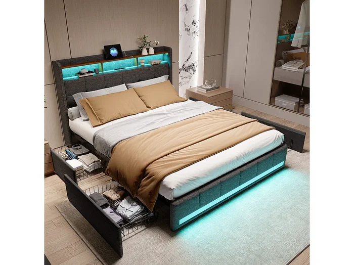 Base de cama de 140 x 200 cm con LED y 2 puertos USB tipo C, tapizada, cama doble con 4 cajones, lino, gris