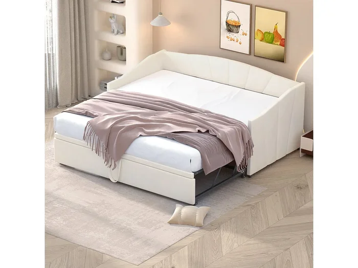 Beige cama tapizada 90 / 180 * 200 cm, tela de terciopelo pro – piel, sofá – cama extensible con somier de láminas