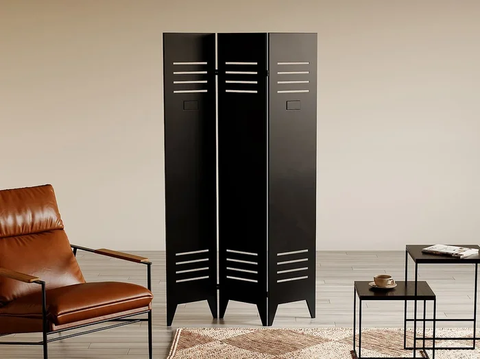 Biombo industrial tipo puerta de taquilla de metal de 3 hojas – An. 107 x Al. 178 cm – Negro – CASILY