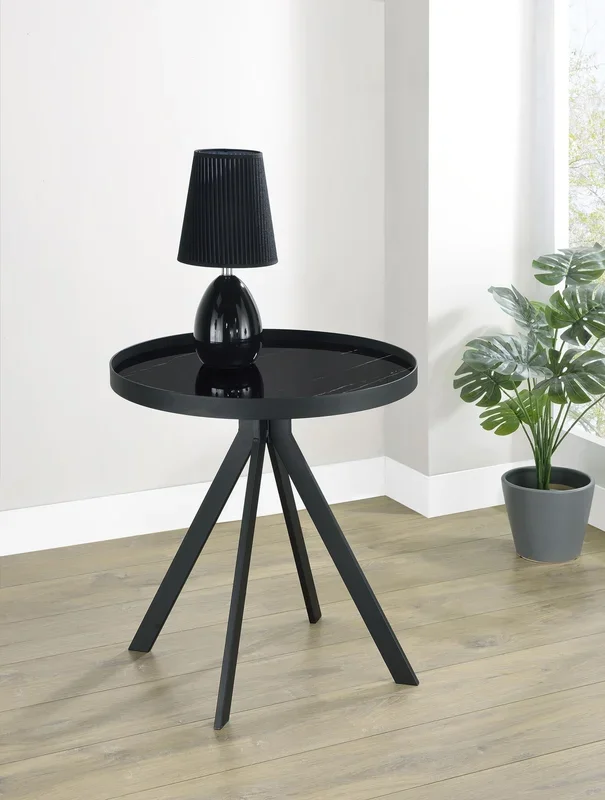 Briggs Black Round Marble Printed Glass Top End Table