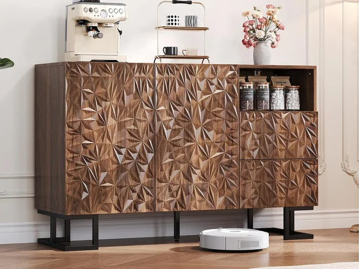 Buffet moderno 120×40×78,5 cm – con 2 cajones y 2 puertas – relieve de hojas – marrón