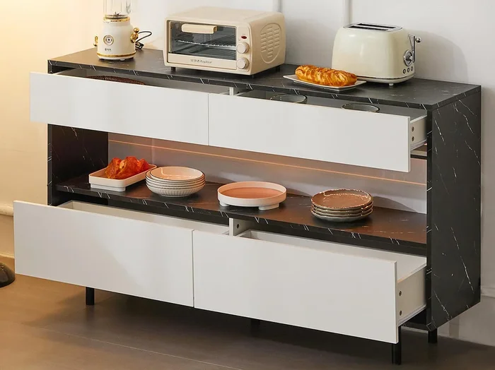 Buffet moderno 150×35×89.5 cm – con LED – con 4 cajones – diseño de mármol – blanco+negro