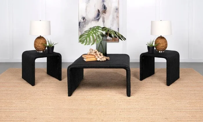 Cahya Black 3-Piece Rattan Coffee and End Table Set
