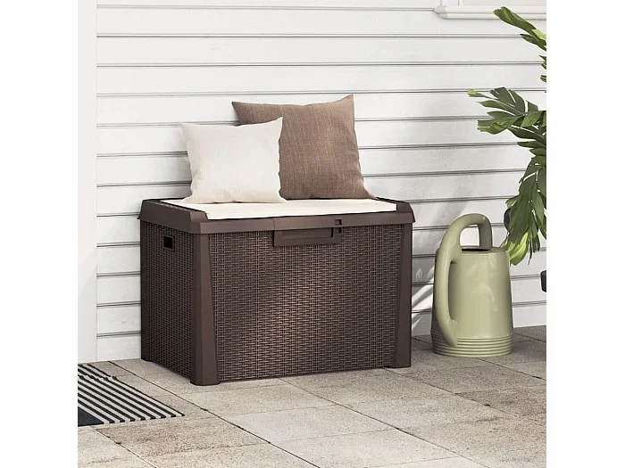 Caja de almacenaje jardín con cojín de asiento PP marrón 125 L ES787659