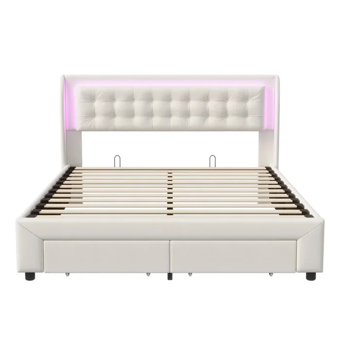 Cama 140×190 cm, 2 cajones, cama con somier hidráulico con LED, cama plana, cama con almacenaje, terciopelo, beige