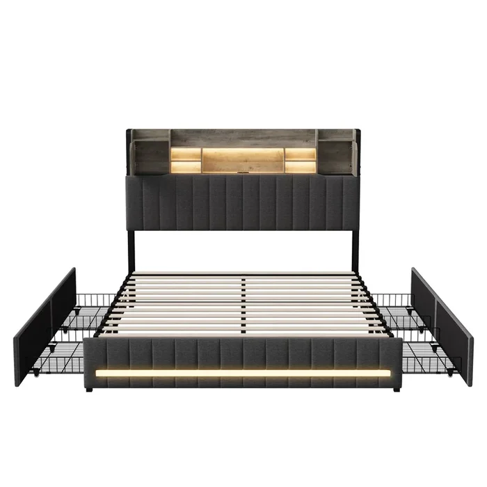 Cama 140×200 cm, USB, tipo C, LED, canapé, cama juvenil con 4 cajones, cama funcional, lino, gris