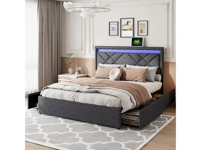 Cama 140×200 con base y 4 cajones, canapé abatible 140×200 con LED, puerto USB Tipo C, lino, gris