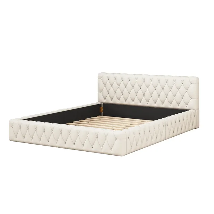 Cama 140x200cm, cama doble estilo escandinavo, con somier y cabecero, sin colchón, tejido de terciopelo, blanco