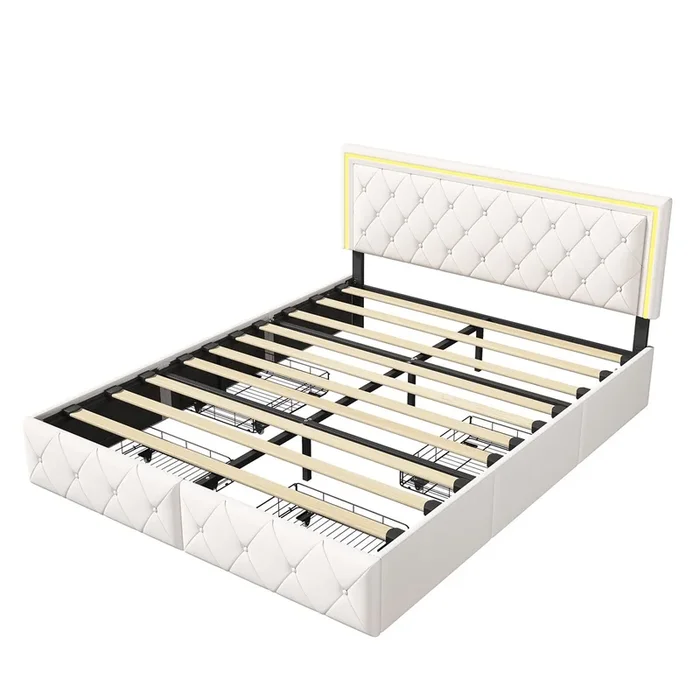 Cama 140x200cm con LED, cabecero reclinable, Cama para 2 personas, Cama tapizada con 4 cajones y gran espacio de almacenamiento, Cama 140×200, PU, Beige