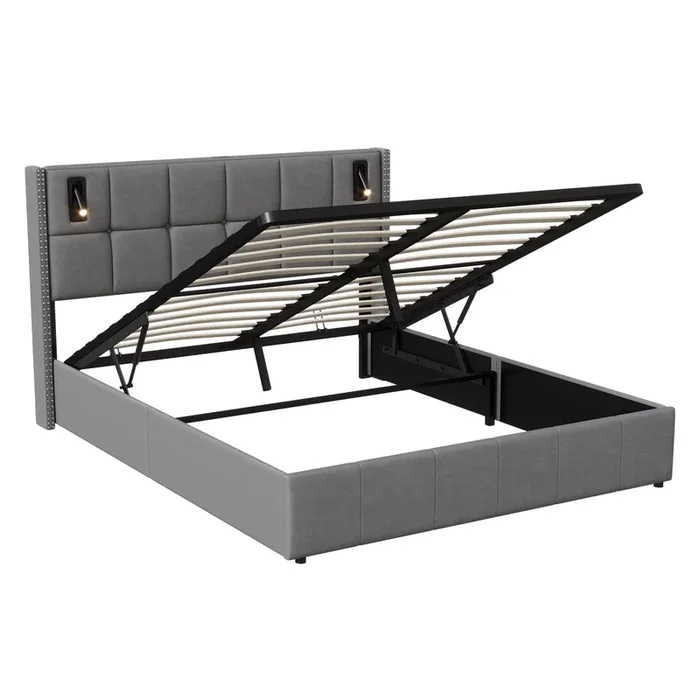 Cama 140x200cm con USB, Tipo-C, LED, somier hidráulico con luz de lectura, cama de matrimonio con canapé, color gris