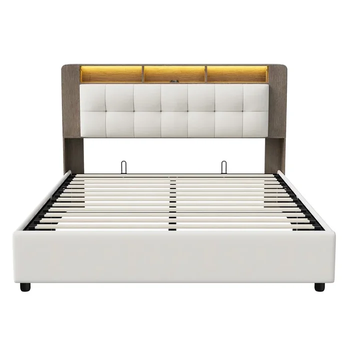 Cama 140x200cm, LED, canapé, cama funcional, cama con somier hidráulico, PU, blanco