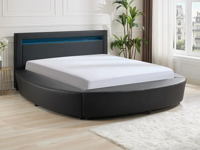 Cama 180 x 200 cm – Con LEDs – Piel sintética – Negro + Colchón – ABULIS III
