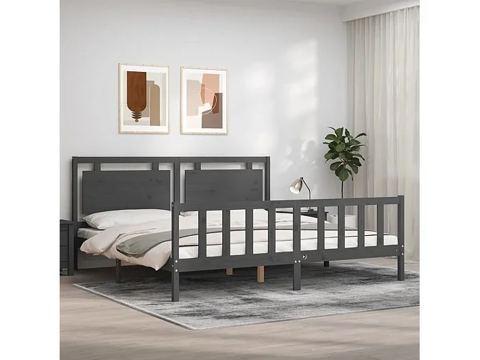 Cama 200×200 cm con cabecero madera maciza gris ES17033
