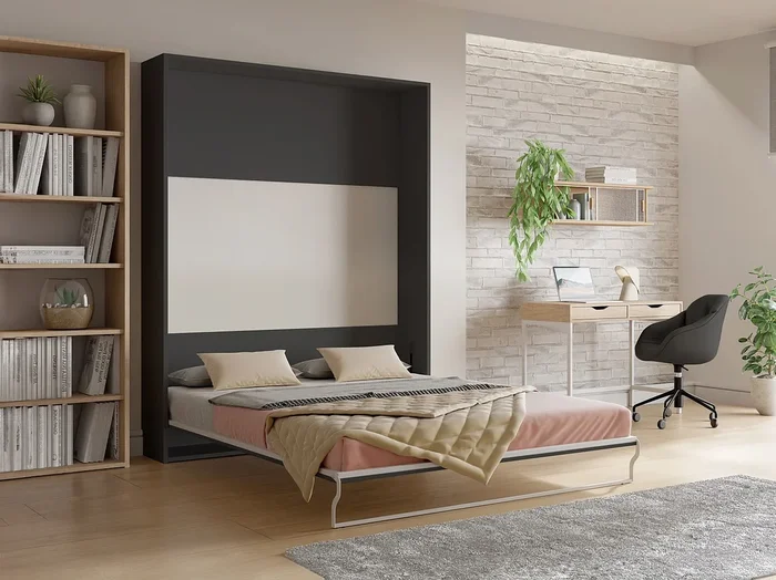 Cama abatible 160 x 200 cm – Apertura vertical manual – Antracita y natural + Colchón – MALINA II