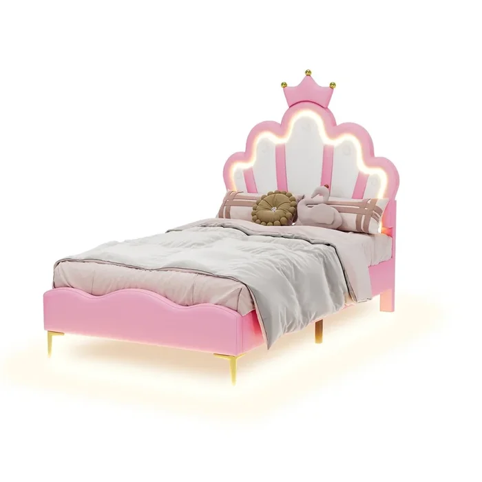 Cama acolchada forma de corona, piel sintética, cama LED con somier