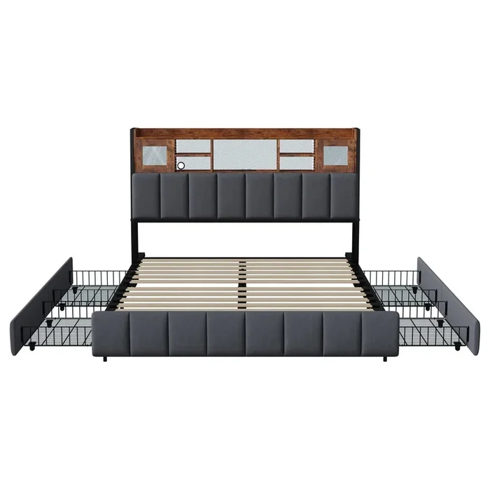 Cama acolchonada 140x200cm, con carga inalámbrica USB C y 4 cajones, estructura de madera con lamas, cama doble para adultos, negro.