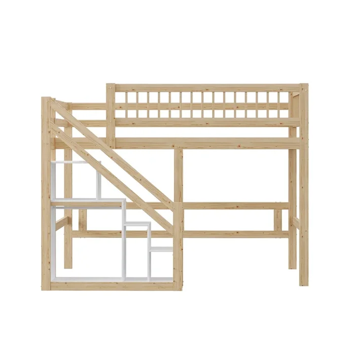 Cama alta 140*200 – Con escalera, armario de almacenamiento, barandilla alta, cama infantil, cama juvenil, estructura de madera maciza – Color natural