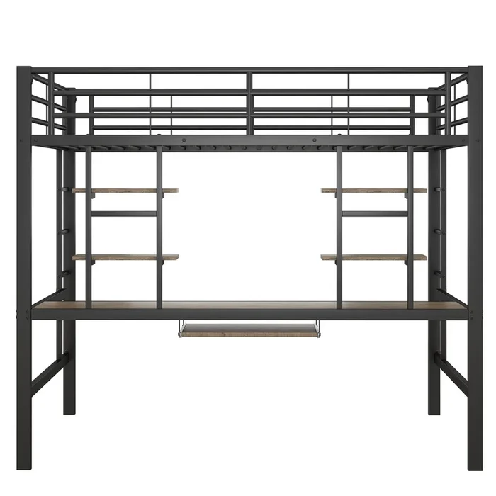Cama alta 140×200 cm – con escritorio y estantes – estructura de metal – Negro