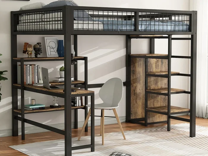 Cama alta 140 x 200 cm con escritorio, estantes y armario – Metal + MDF – Somier de láminas – negro + marrón