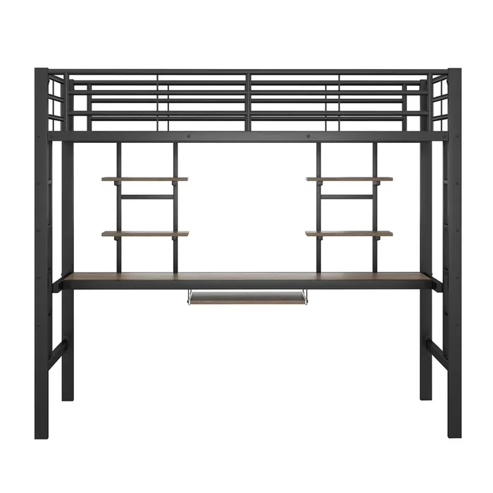 Cama alta 90×200 cm – con escritorio y estantes – estructura de metal – Negro