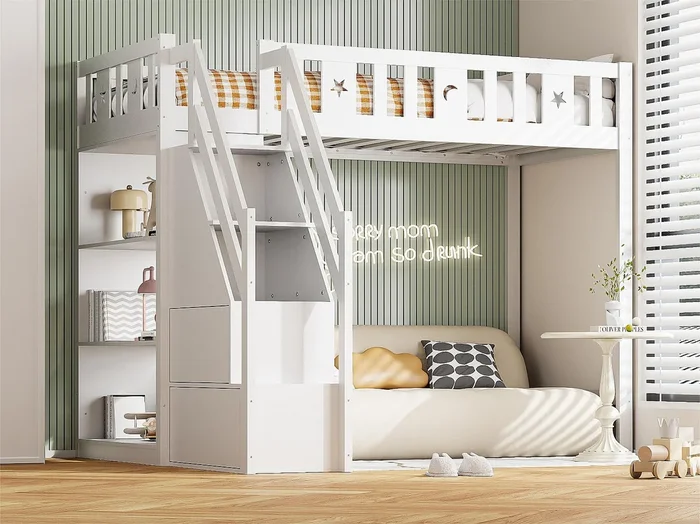 Cama alta 90×200 cm – con estantes y escalera de almacenaje – madera maciza – Blanco