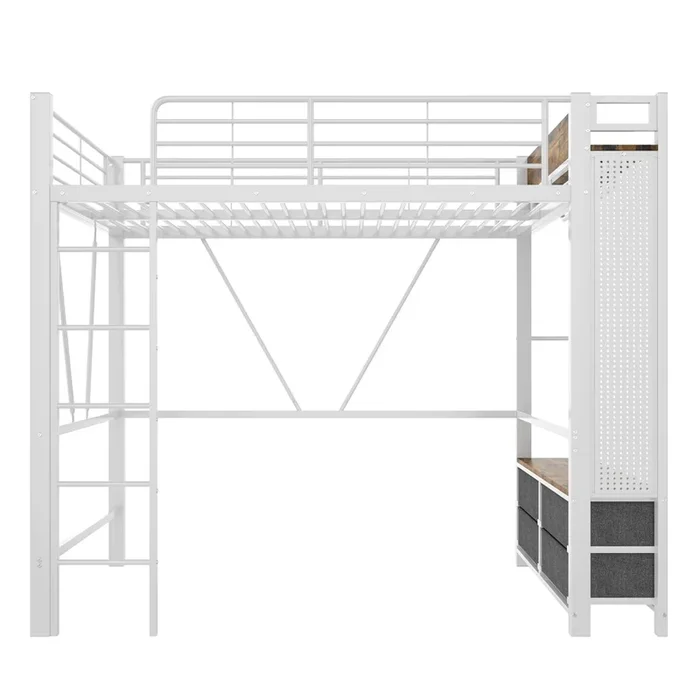 Cama alta 90×200 cm – estructura hierro, barra para secar, estantes, 4 cajones, USB+Type-C, LED, barandilla, escalera, tablero perforado – blanco