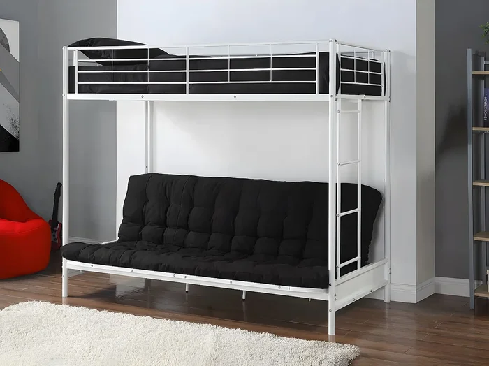 Cama alta 90 x 190 cm – Con banco convertible – metal – Blanco + Futón negro – MODULO V