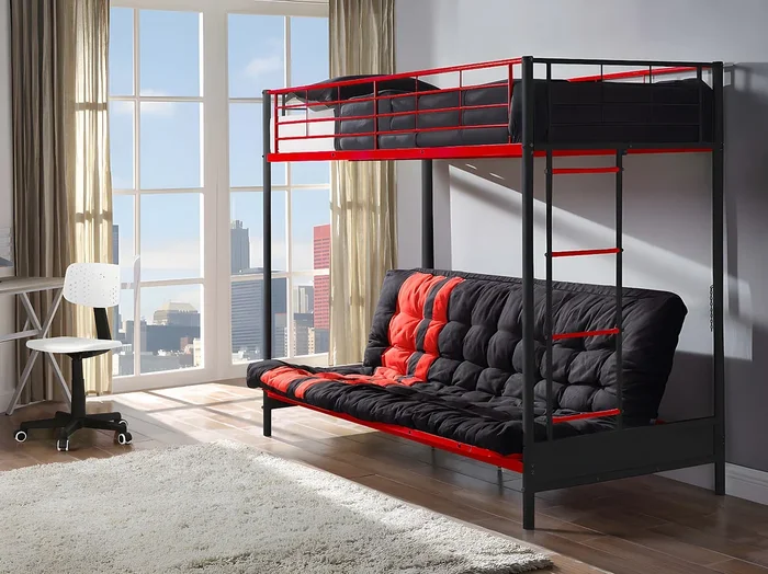 Cama alta 90 x 190 cm – Con banco convertible – metal – Negro y rojo + Futón – MODULO V