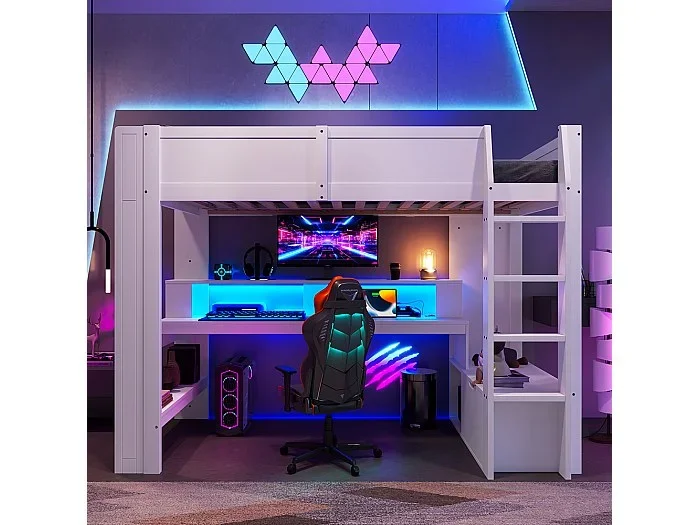 Cama alta 90 x 200 cm, cama lúdica con escritorio, equipada con lámpara LED, escritorio, cajones, estantes, sin colchón, color blanco.