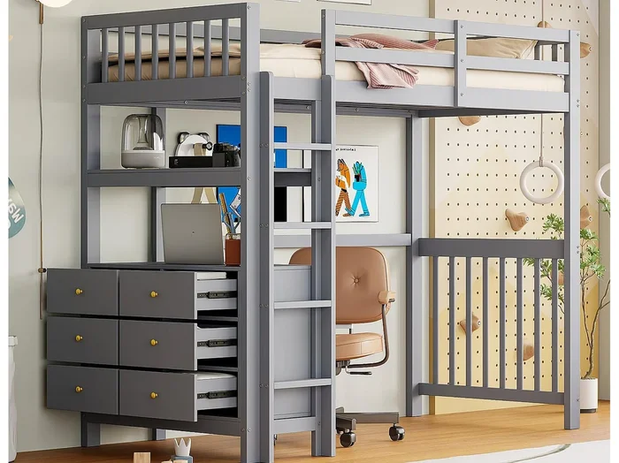 Cama alta 90x200cm – con escalera – con 6 cajones – con estantes – diseño de barandilla alta – somier de láminas – madera maciza – gris (colchón no incluido)