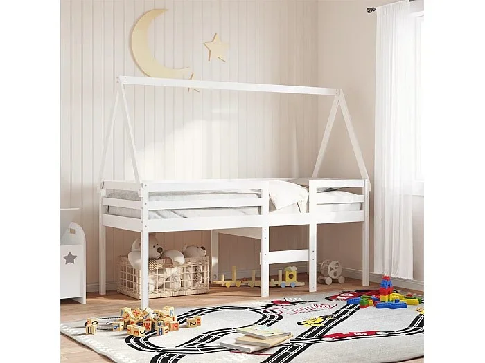 Cama alta con techo madera maciza pino blanca 75×190 cm