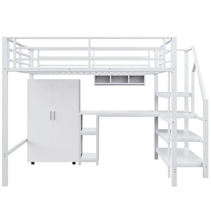 Cama alta de metal de 140×200 cm – con escritorio, armario y escalera de almacenaje – Blanco