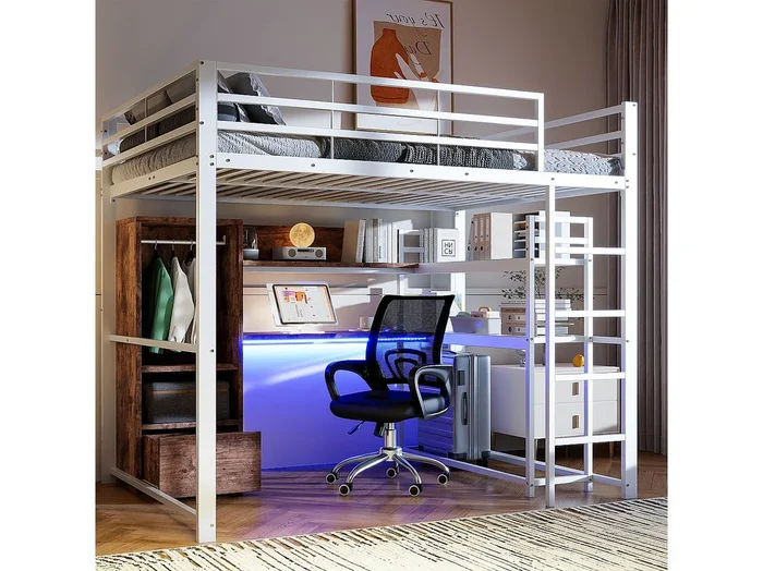 Cama alta de metal de 140×200 cm con escritorio, almacenaje, LED y escalera de diseño, color blanco.