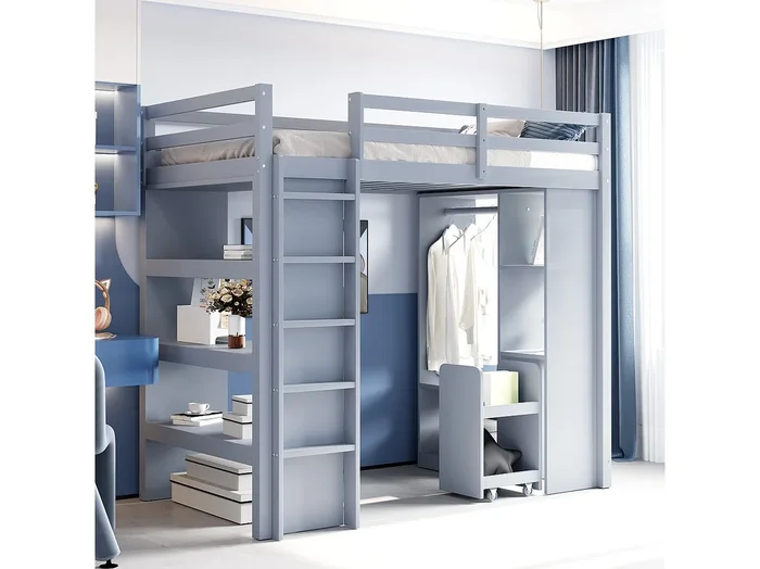 Cama alta infantil 90×200 cm, con estantes, perchas y carro extraíble, madera gris (205x95x180 cm)