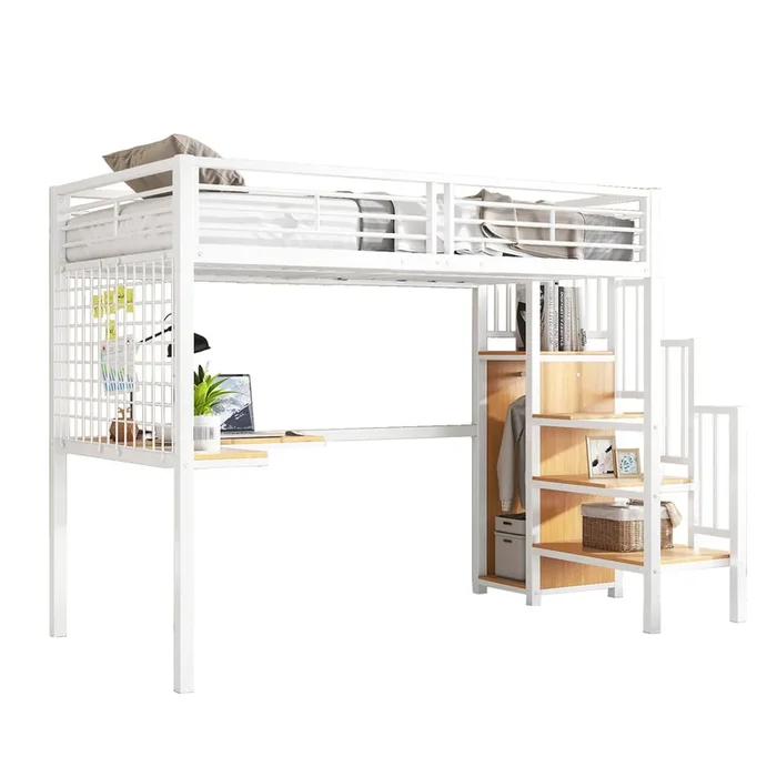Cama alta infantil,cama individual de mdf y metal 90x200cm con mesa,armario,escalera con almacenaje y protección contra caídas,blanco+natural