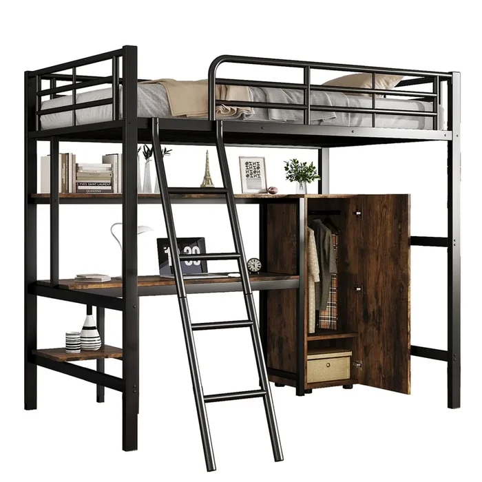 Cama alta infantil,cama individual de mdf y metal 90x200cm con mesa,armario,escalera y protección contra caídas,negro