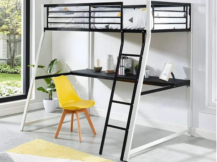 Cama alta MALICIA – cama 90x190cm – escritorio integrado – Color negro y blanco + colchón