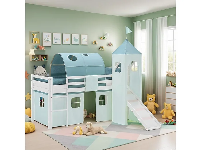 Cama alta para niños 90×200 cm Blanco Verde