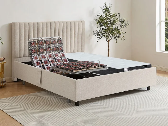 Cama articulada multiterminales + colchón de muelles ensacados y memoria de forma – 2 x 90 x 200 cm – Tela – Beige – ANTALISA de YSMÉE