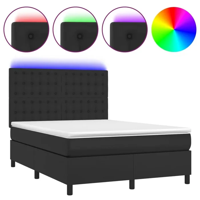 Cama box spring colchón y LED cuero sintético negro 140×200 cm Botones