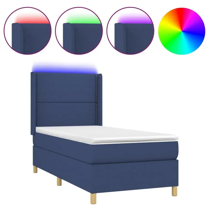 Cama box spring colchón y luces LED tela azul 100×200 cm Liso con clavos
