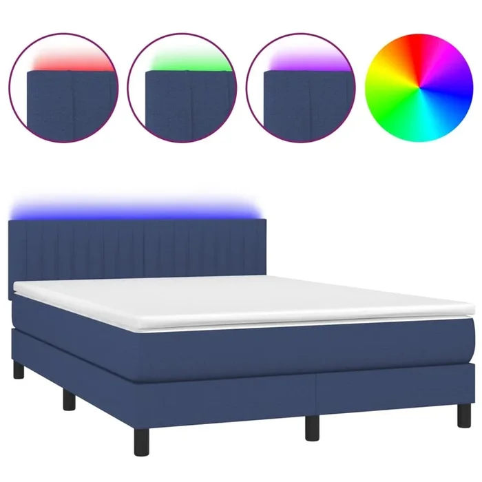 Cama box spring colchón y luces LED tela azul 140×190 cm Rayas verticales
