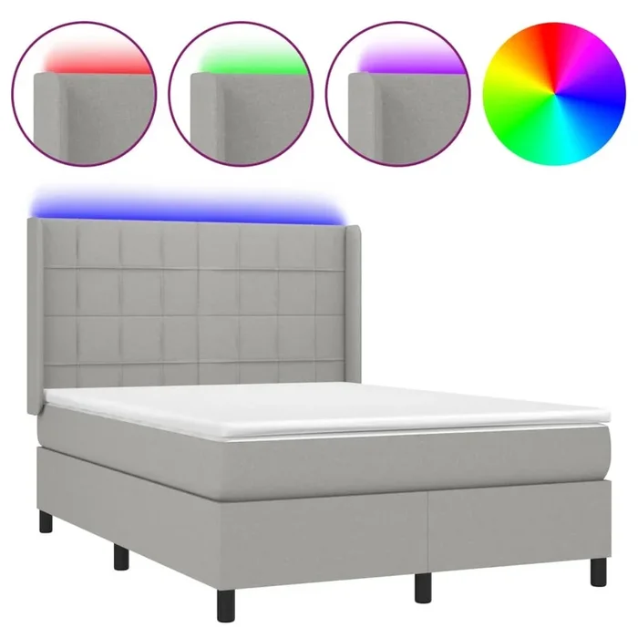 Cama box spring colchón y luces LED tela gris claro 140×200 cm Bloques con cuadros