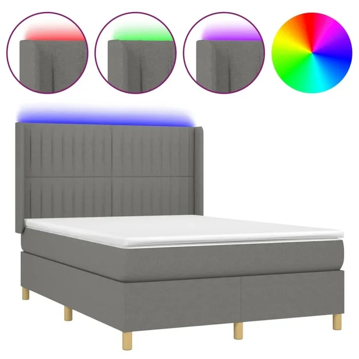 Cama box spring colchón y luces LED tela gris oscuro 140×200 cm Rayas verticales